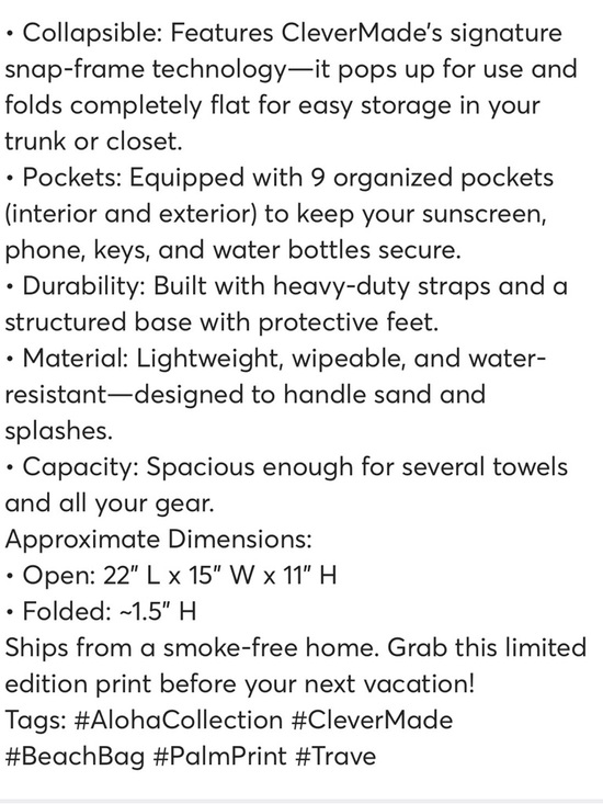 ALOHA Collection Collapsible Beach Tote in Teal and Cream Palm Print - Picture 3 of 3